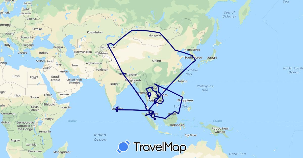 TravelMap itinerary: driving in Brunei, China, Indonesia, Kyrgyzstan, Cambodia, South Korea, Kazakhstan, Laos, Sri Lanka, Mongolia, Malaysia, Nepal, Philippines, Singapore, Thailand, Vietnam (Asia)